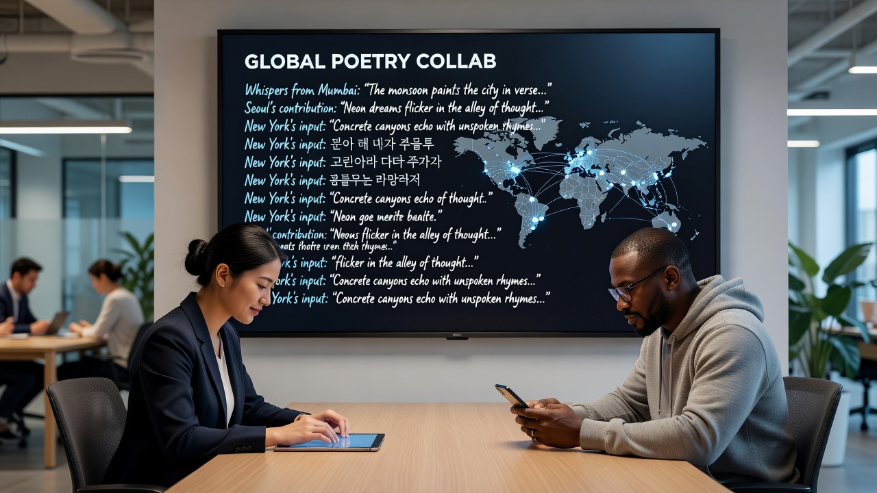 Diverse poets from various countries engaging in a live collaborative poetry session on mobile devices