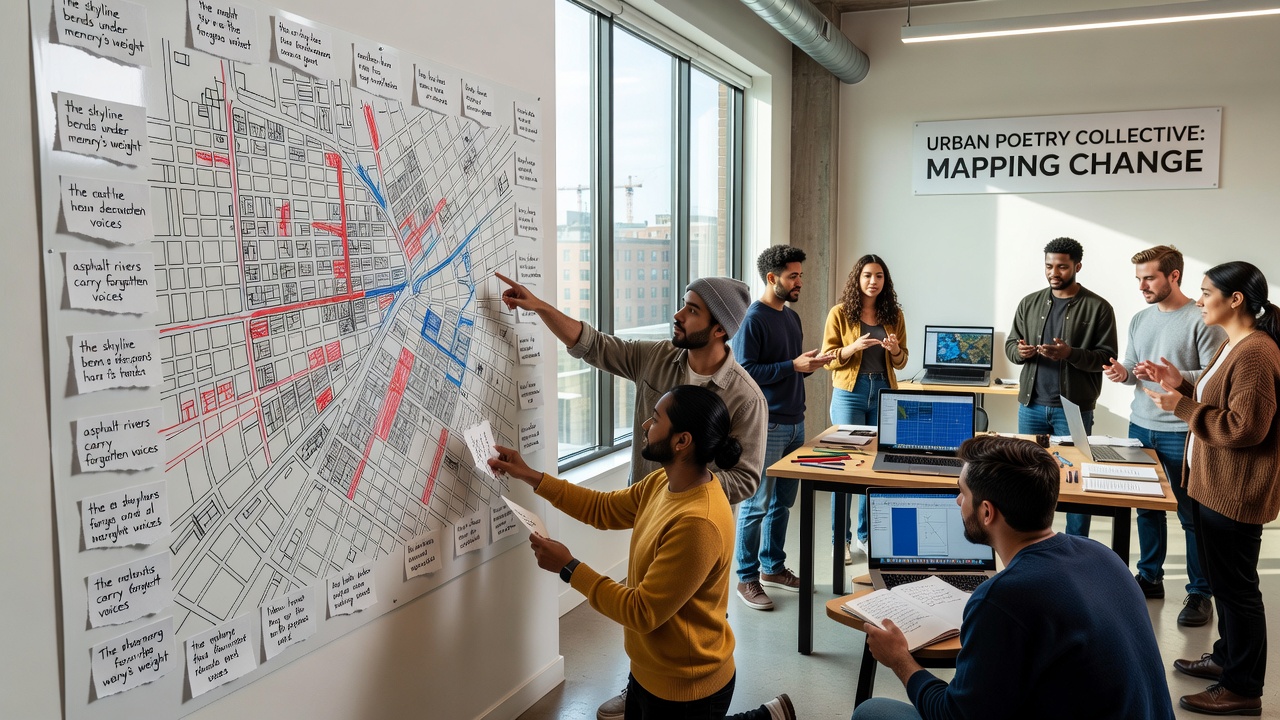 Detailed view of a hand-drawn collaborative map showing urban street changes with handwritten poem fragments and geographic annotations